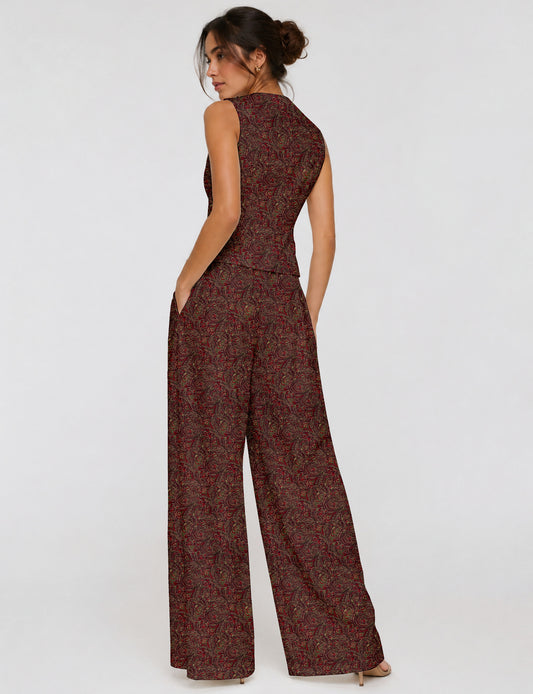 Women's tailored waistcoat set with a sleeveless V-neck button-front waistcoat and high-rise wide leg trousers in a coordinated matching outfit.
