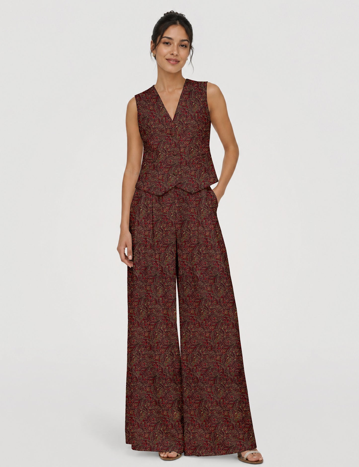 Women's tailored waistcoat set with a sleeveless V-neck button-front waistcoat and high-rise wide leg trousers in a coordinated matching outfit.