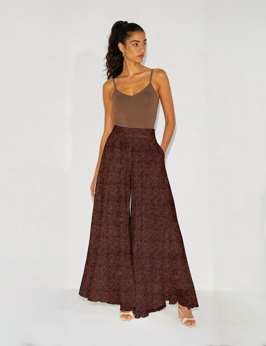 Wide Leg Palazzo Trousers - Red Abstract