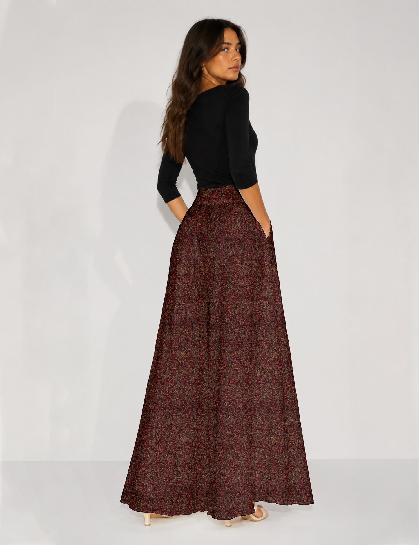 Wide Leg Palazzo Trousers - Red Abstract