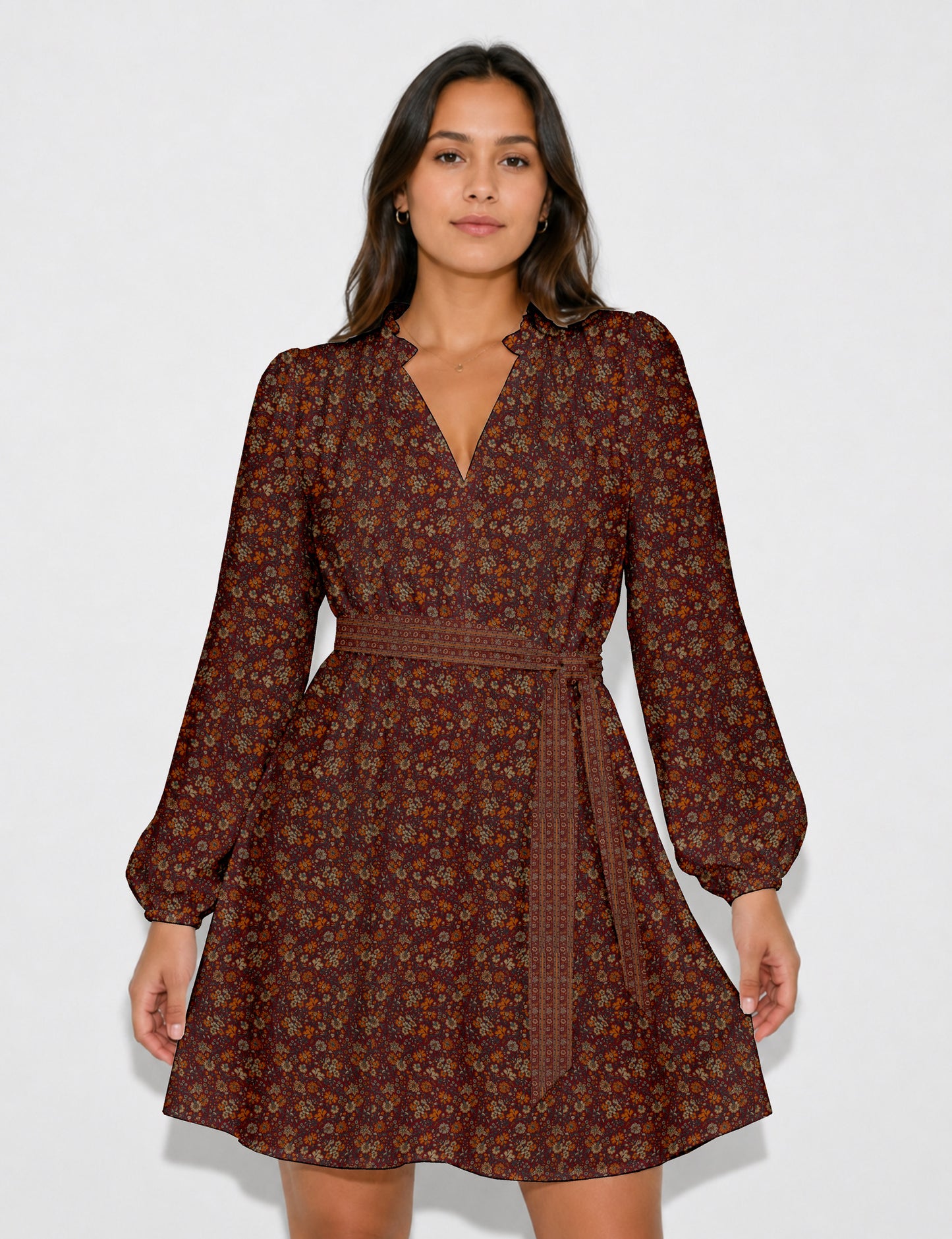 Swing dress with belt - Red Floral