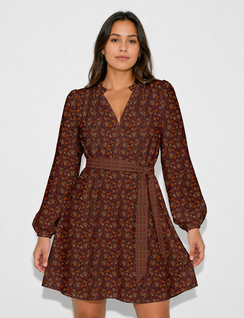 Swing dress with belt - Red Floral