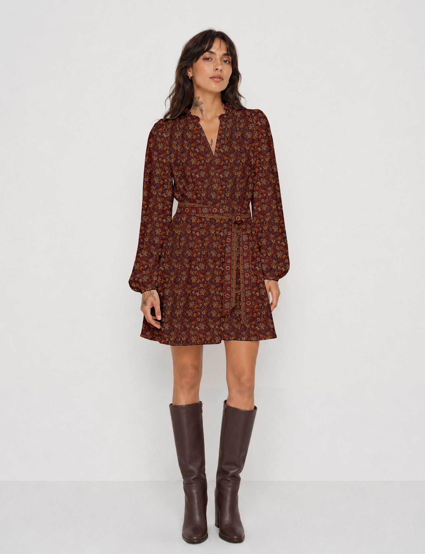 Swing dress with belt - Red Floral