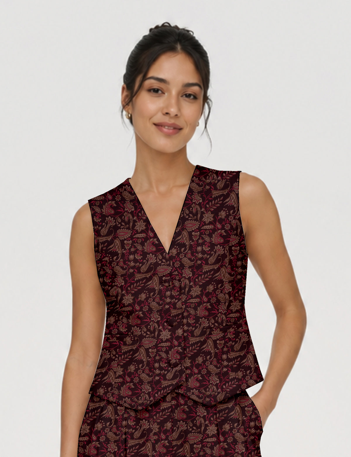 Women's fitted waistcoat with V-neck, single-breasted button closure, tailored silhouette, and pointed hem in sustainable fashion.