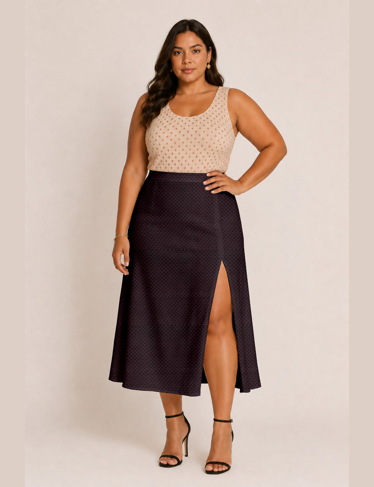 A line skirt with slit - Red Floral