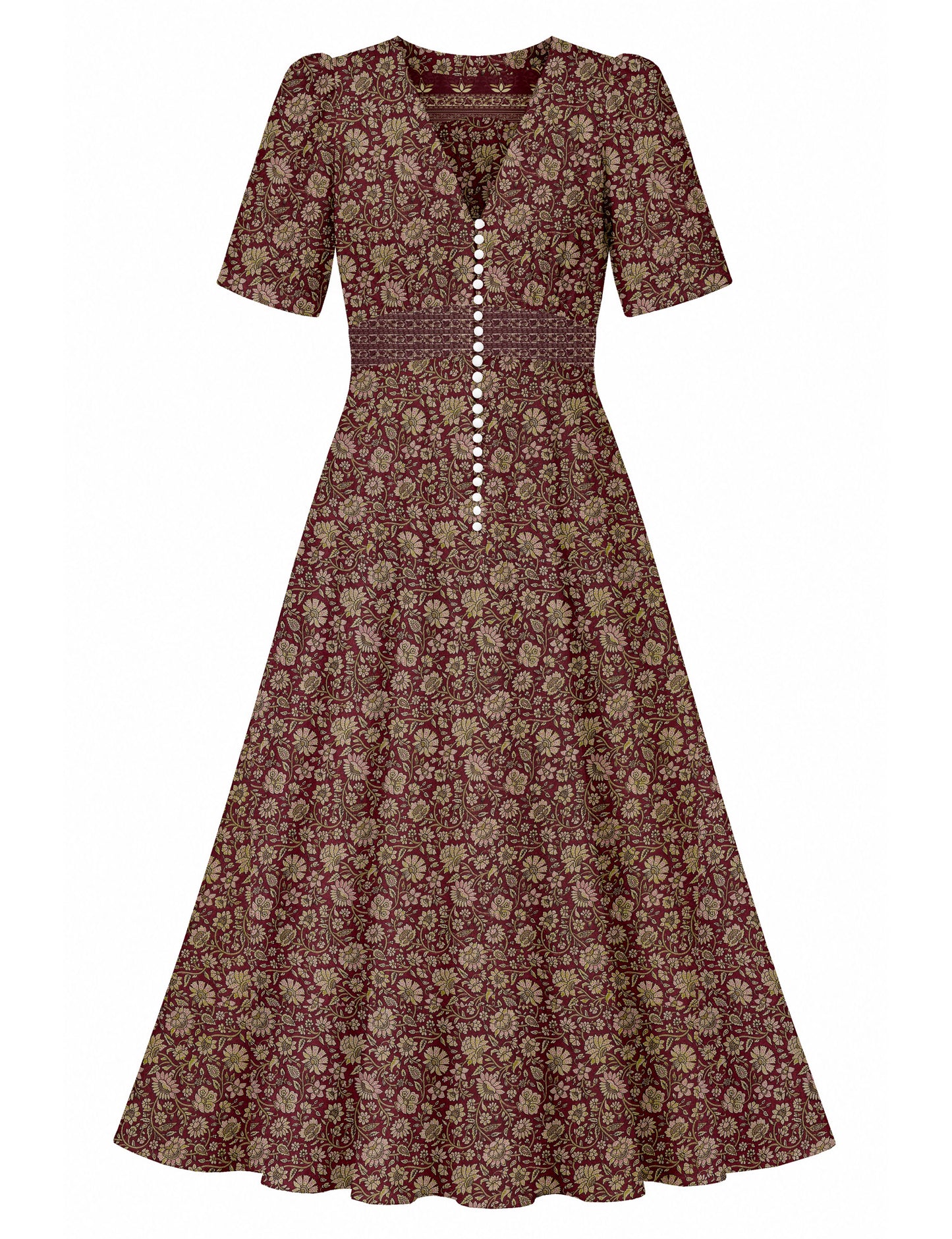 Maxi romantic dress with a fitted bodice, V-neckline, functional button placket, structured waist panel, short sleeves, and a softly flared ankle-length A-line skirt.