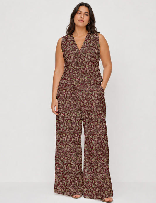 Women's tailored waistcoat set with a sleeveless V-neck button-front waistcoat and high-rise wide leg trousers in a coordinated matching outfit.