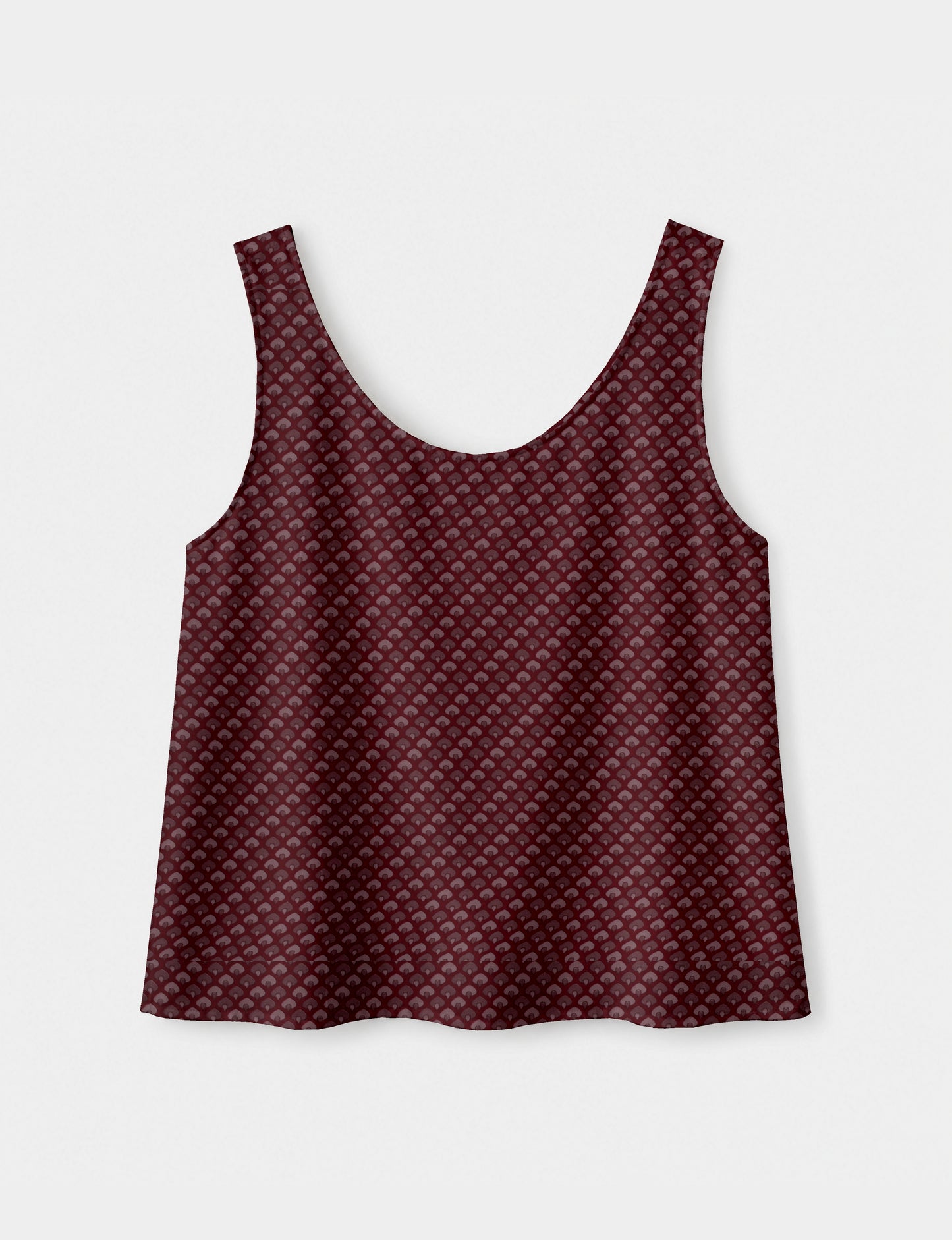 Women's sleeveless blouse with a relaxed straight fit, wide scoop neckline, deep scoop back, and hip-length silhouette.