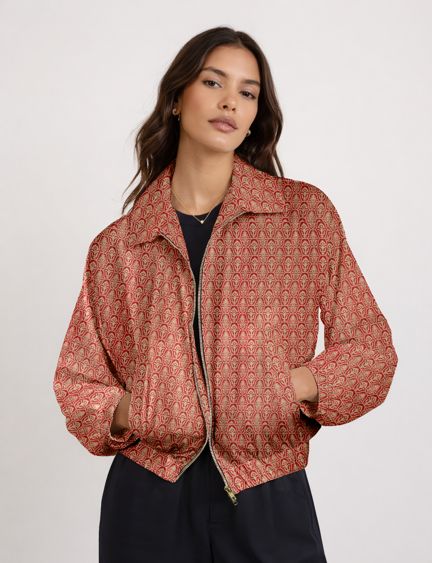 Upcycled Bomber Jacket made from recycled sari materials, featuring a cute cropped shape, elasticated hem and cuffs, and contrast sari print lining. Sustainable apparel promoting eco-friendly fashion and ethical clothing.