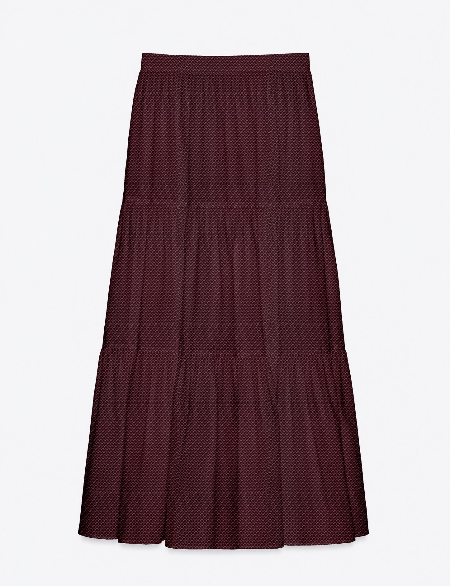 Yellow midi tiered skirt with small dark geometric micro pattern, flat lay front view