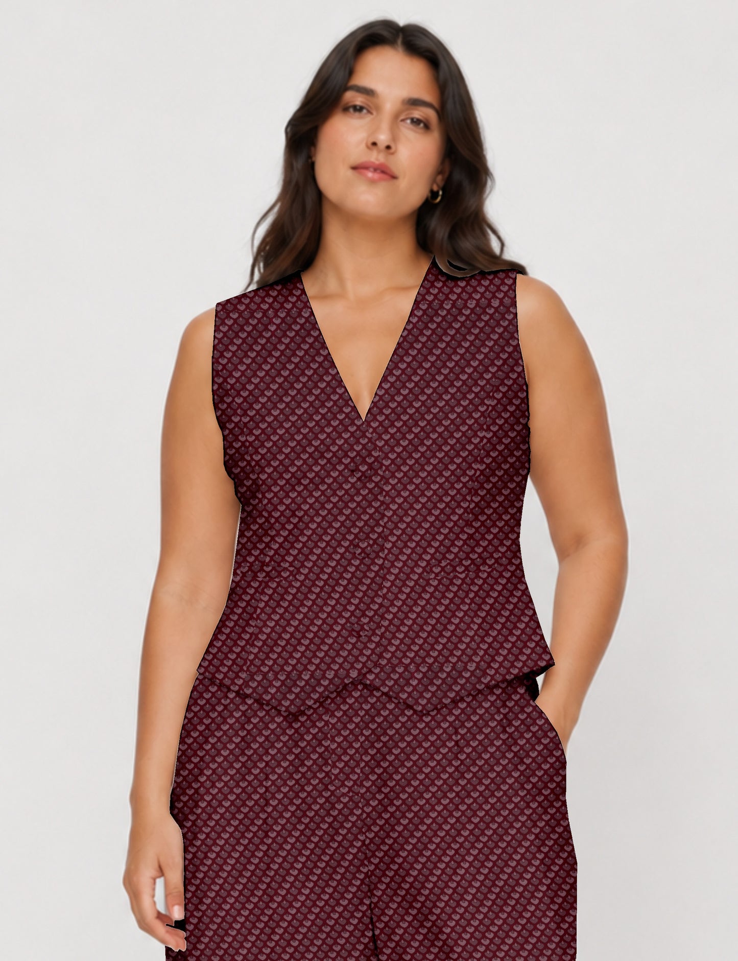 Women's fitted waistcoat with V-neck, single-breasted button closure, tailored silhouette, and pointed hem in sustainable fashion.