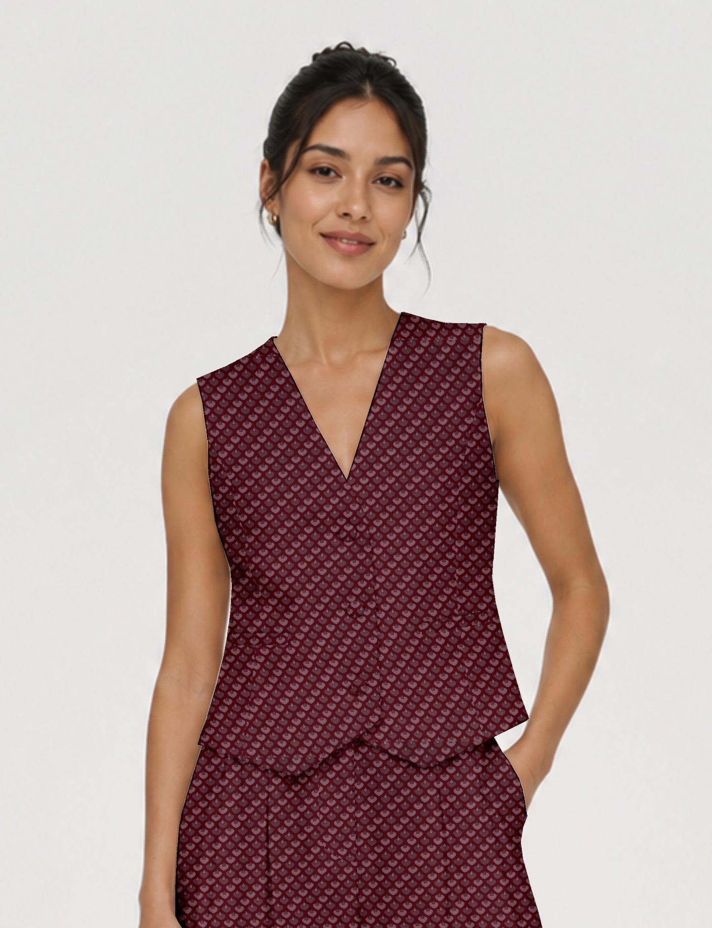 Women's fitted waistcoat with V-neck, single-breasted button closure, tailored silhouette, and pointed hem in sustainable fashion.