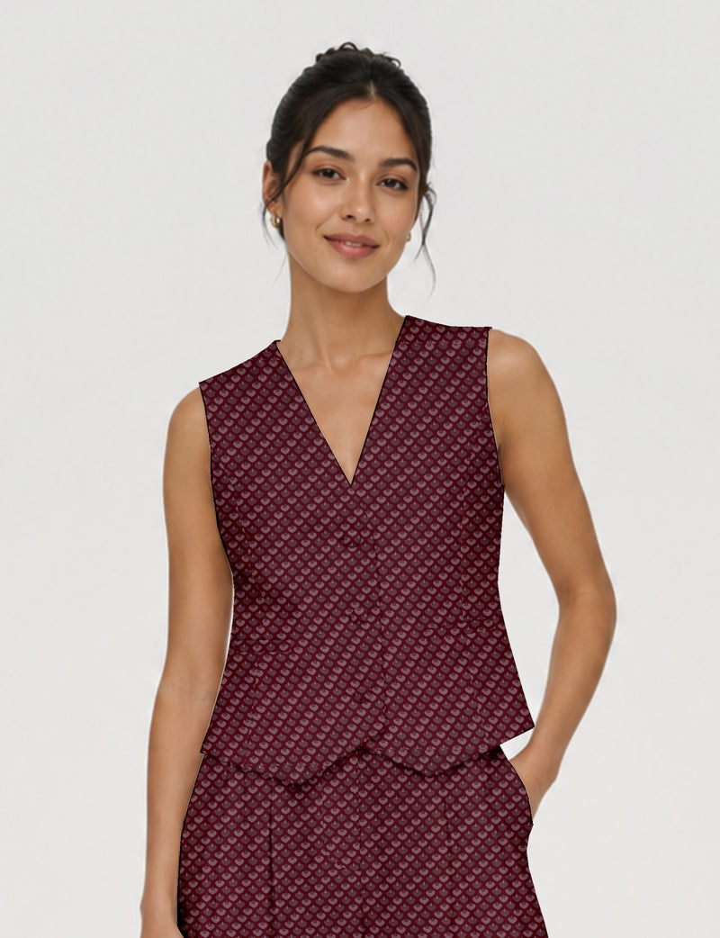 Women's fitted waistcoat with V-neck, single-breasted button closure, tailored silhouette, and pointed hem in sustainable fashion.