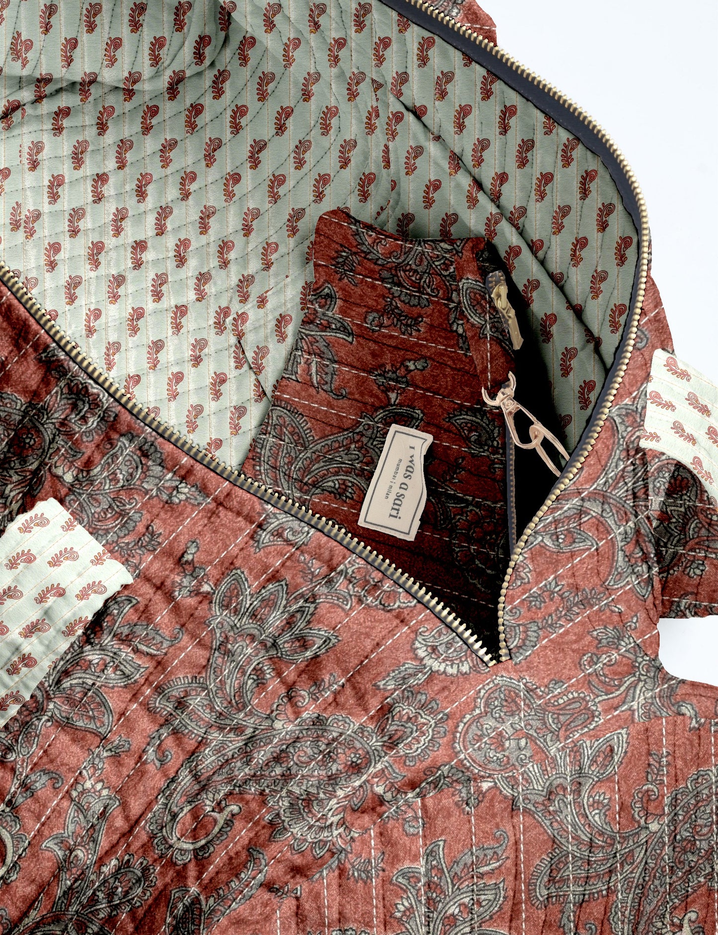 Quilted bowling bag with red paisley pattern, gold zipper, and light green interior lining with small red motifs