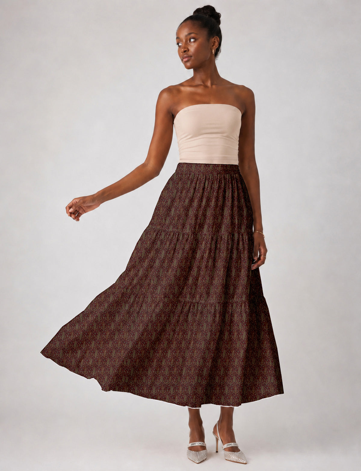 Midi Tiered Skirt - Red Paisley