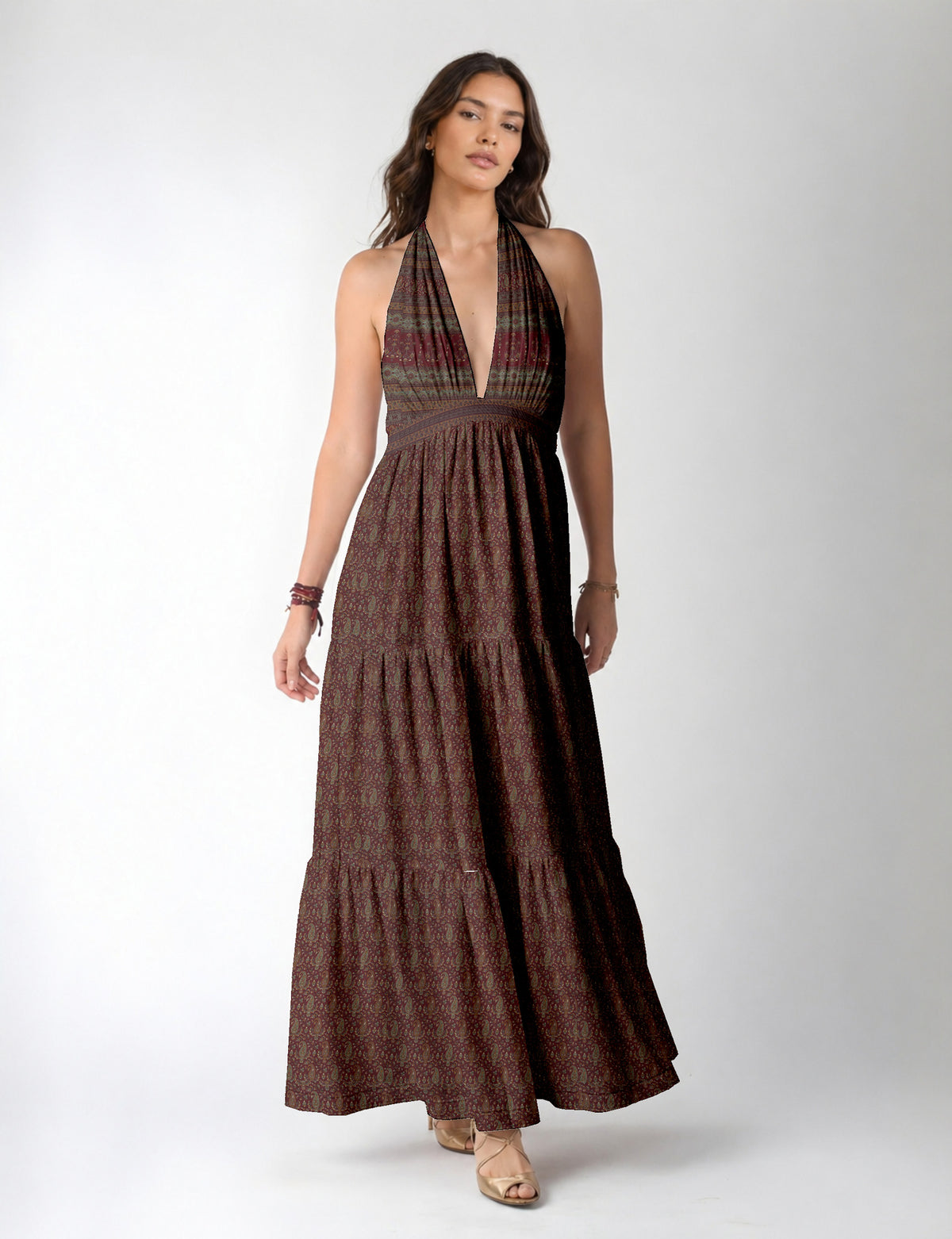 Maxi tiered dress by I was a Sari with halter neckline and flowy silhouette