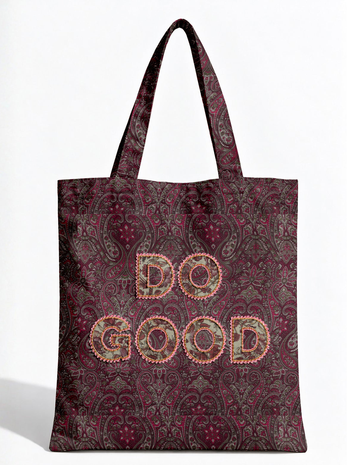DO GOOD tote bag featuring contrasting sari fabric appliqué lettering, double shoulder straps, soft construction and an internal slip pocket with piping detail.
