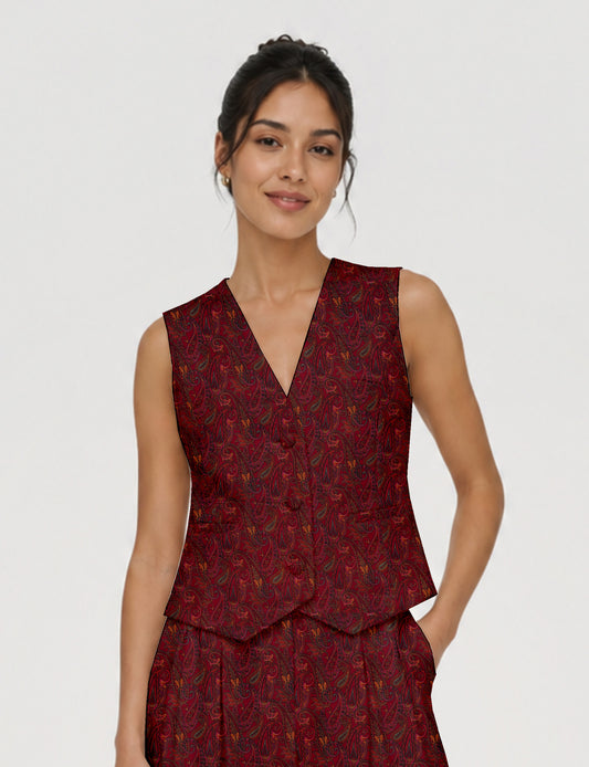 Women's fitted waistcoat with V-neck, single-breasted button closure, tailored silhouette, and pointed hem in sustainable fashion.