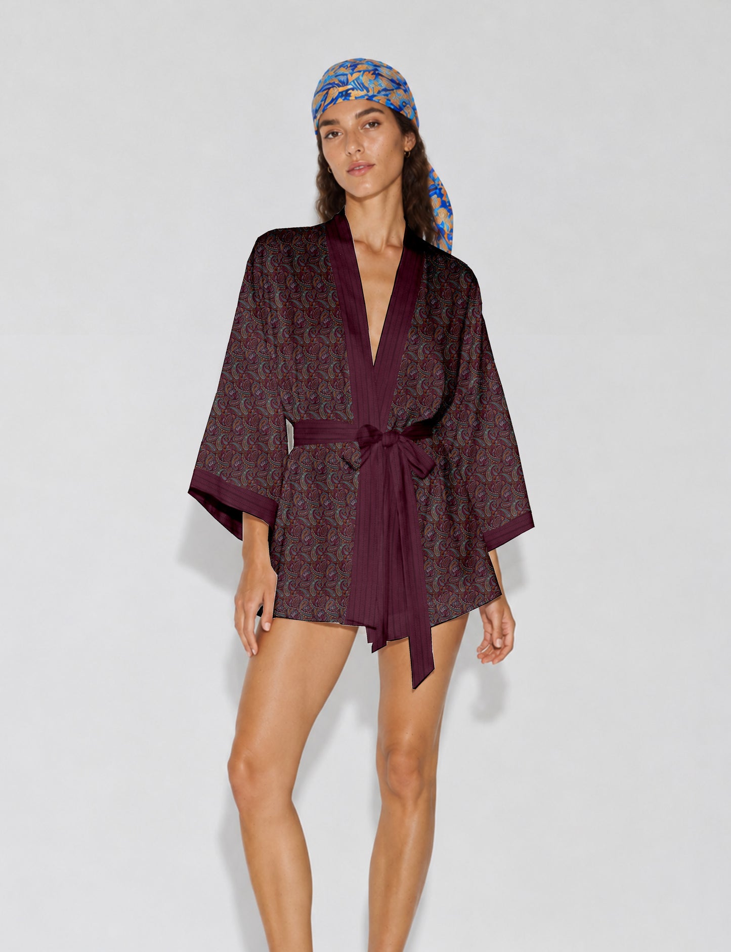 Short kimono robe - Red Paisley