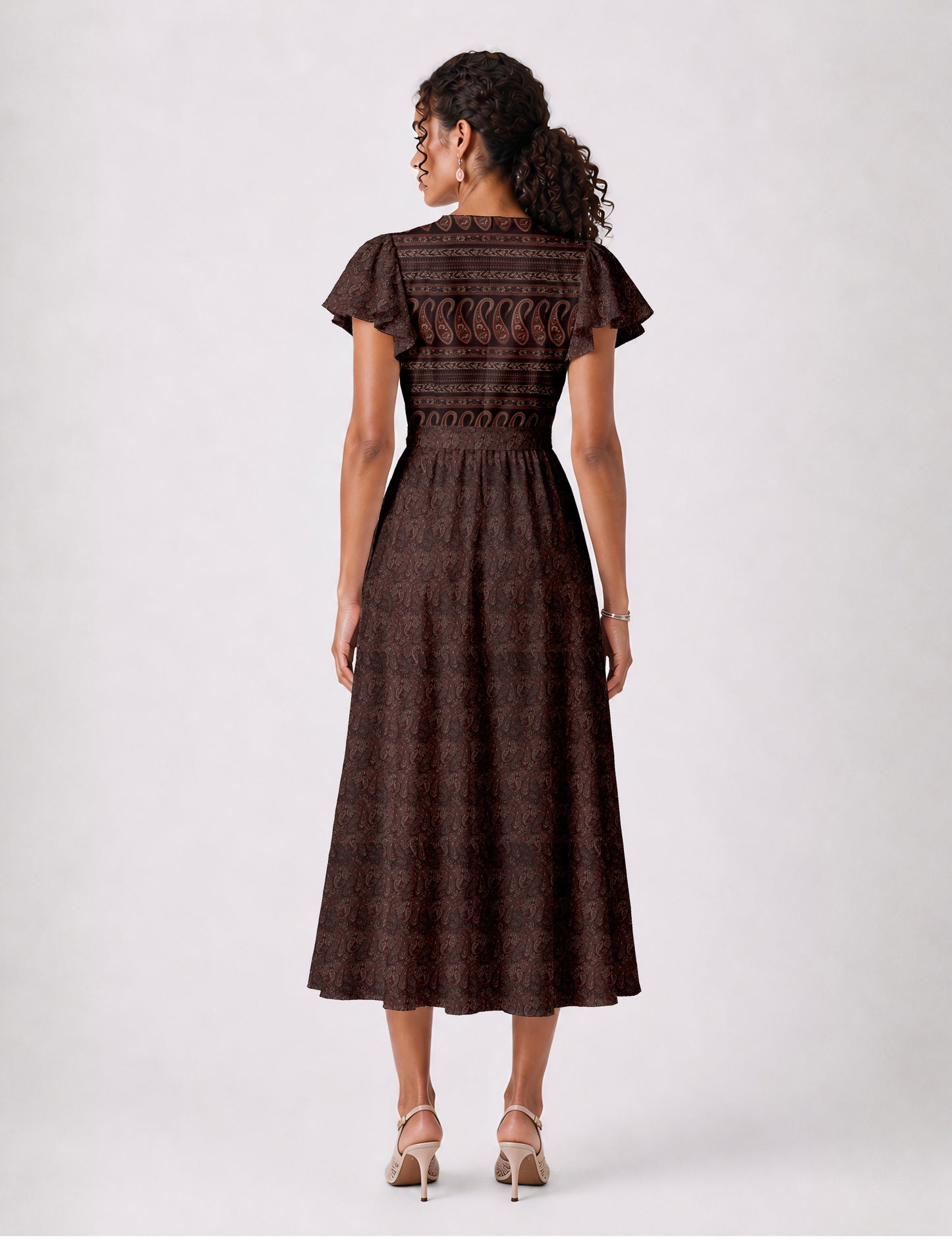 Elegant midi wrap dress with a V-neckline, adjustable waist tie, fitted bodice, and flared skirt for a timeless, flattering silhouette.