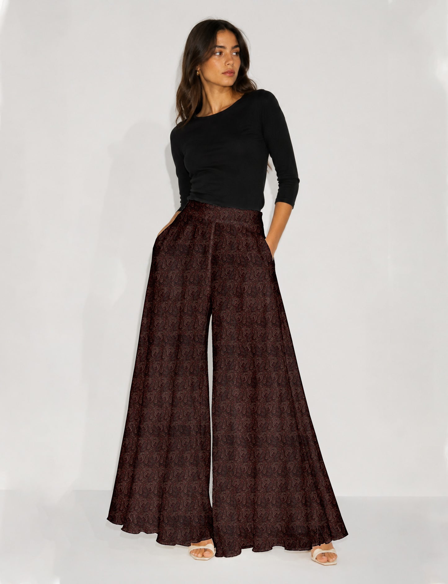 Wide Leg Palazzo Trousers - Red Paisley