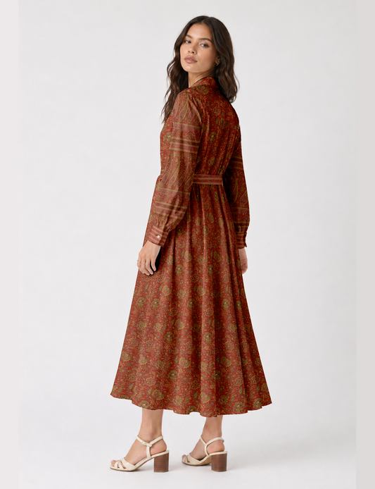 Long shirt dress side view highlighting flared silhouette