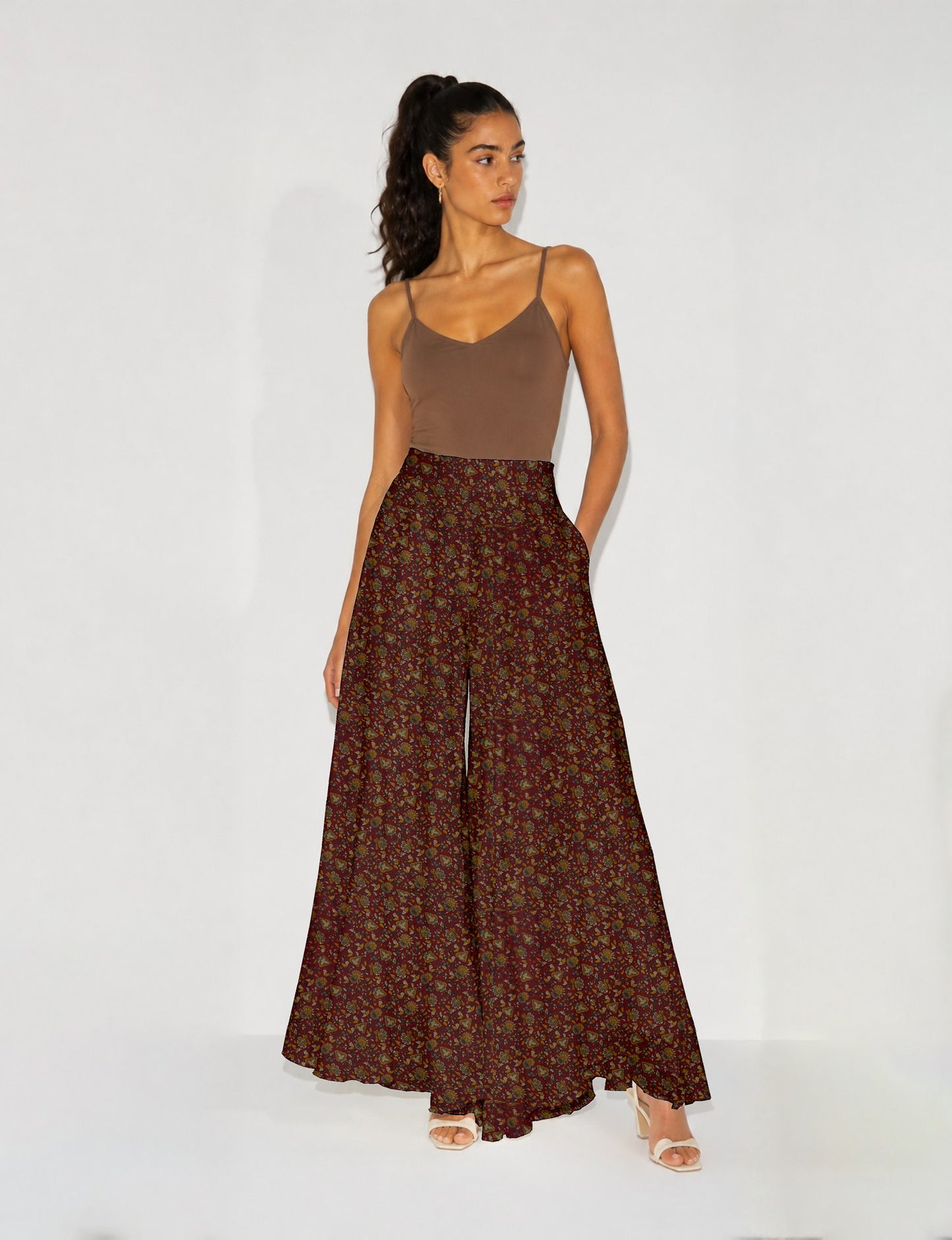 Wide Leg Palazzo Trousers - Red Tropical