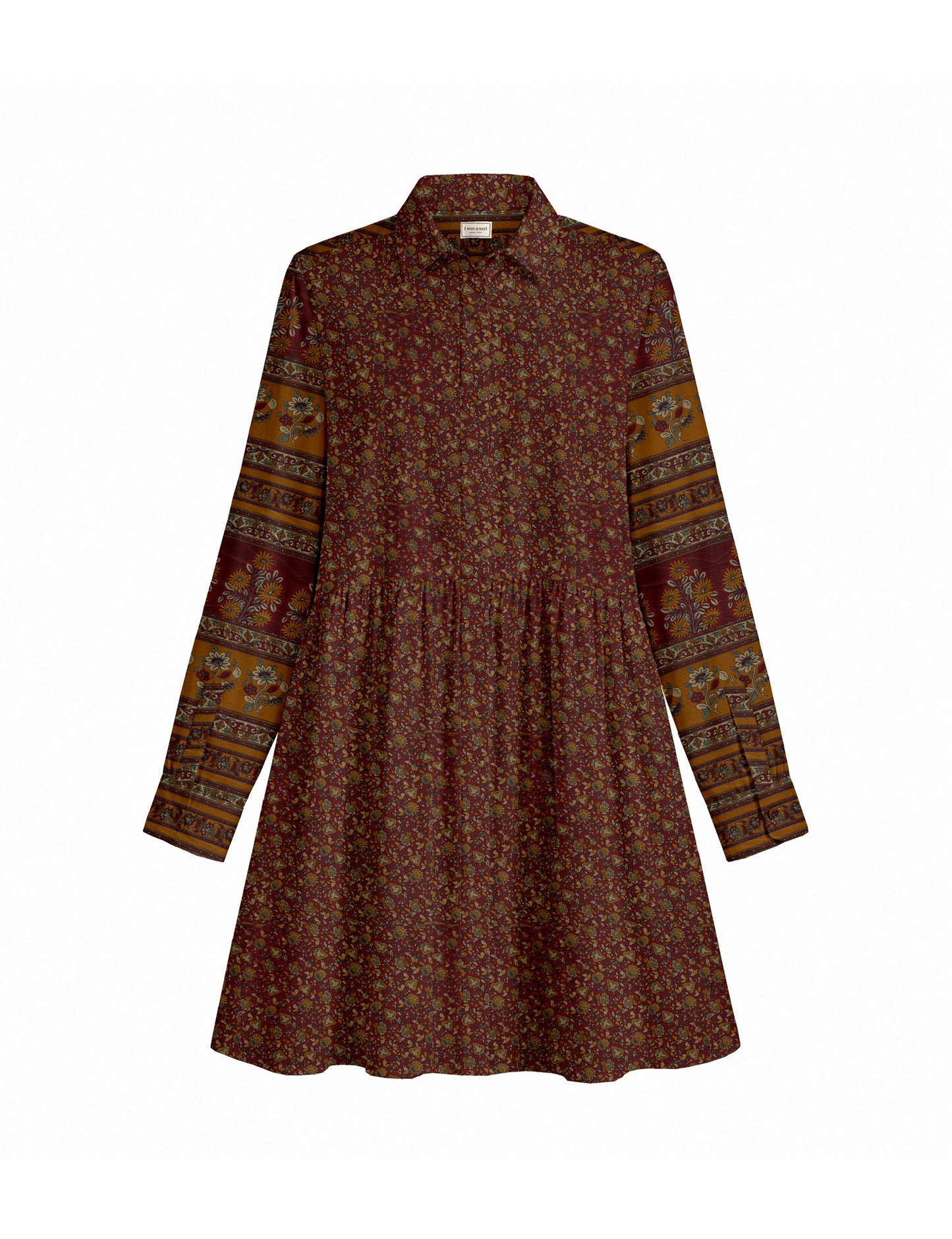 Short shirt dress with a relaxed A-line silhouette, point collar, partial button placket, gathered waist, side pockets, and full-length cuffed sleeves.