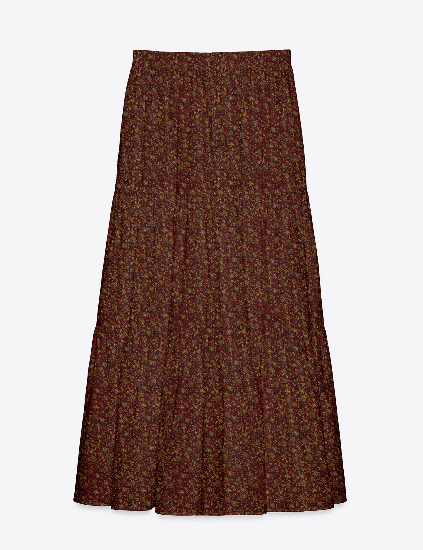 Yellow midi tiered skirt with small dark geometric micro pattern, flat lay front view
