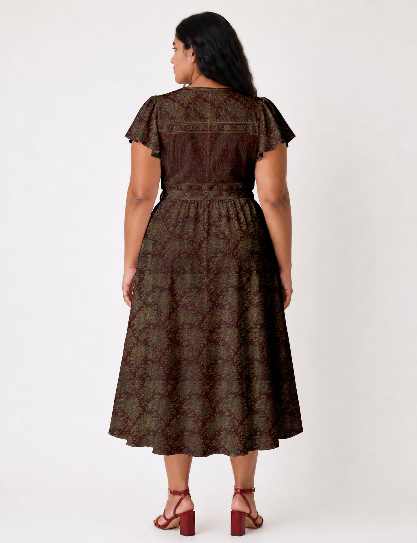 Midi wrap dress with V-neckline, fitted bodice, tie waist, and flared mid-calf skirt