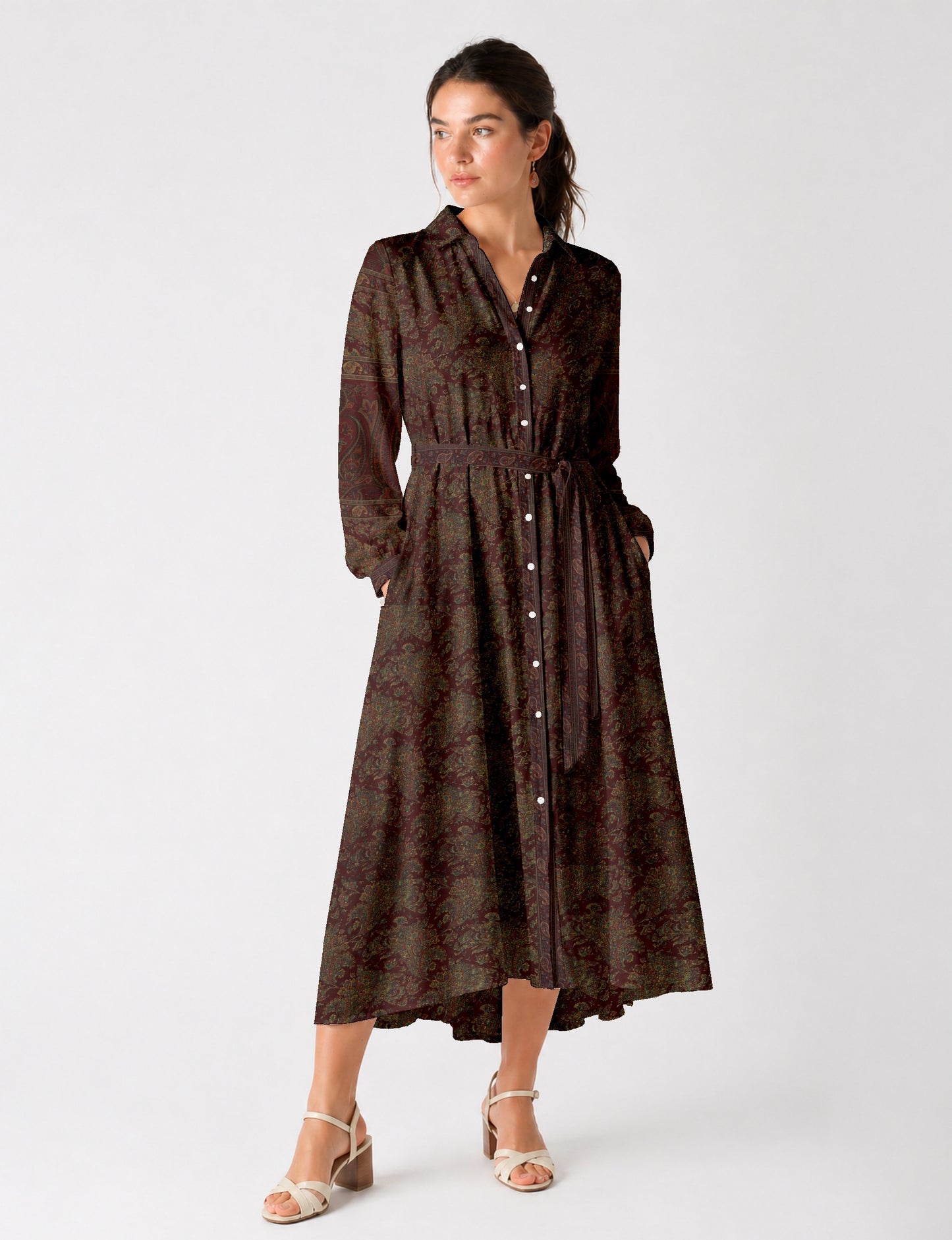 Long shirt dress side view highlighting flared silhouette