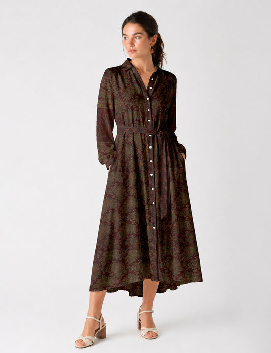Long shirt dress side view highlighting flared silhouette