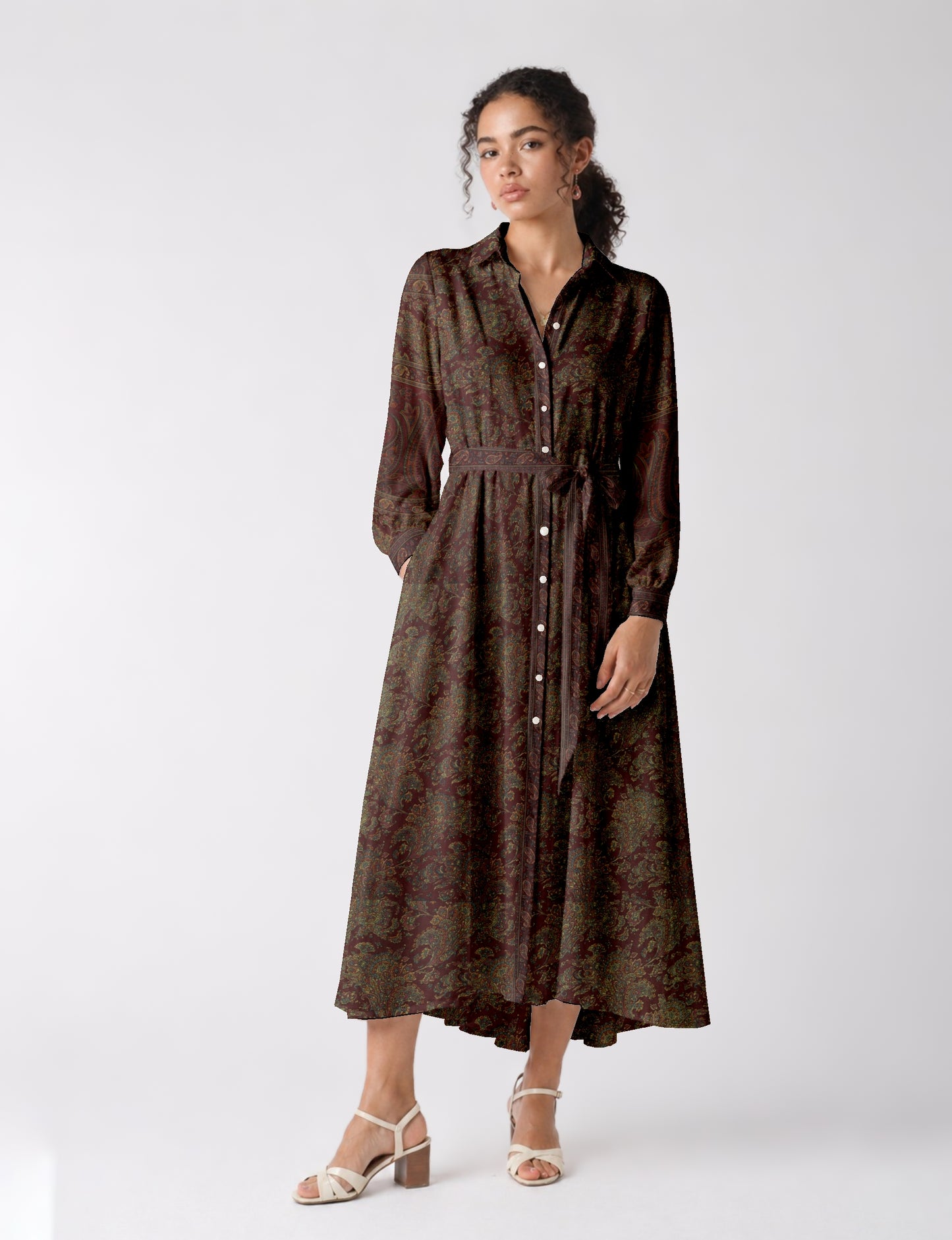Flowing long shirt dress with relaxed fit and ankle-length design