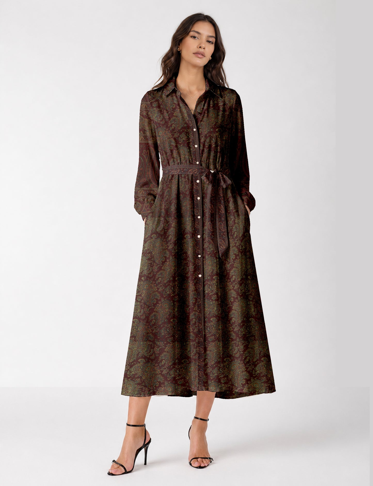 Long shirt dress by I was a Sari with A-line silhouette and tie belt