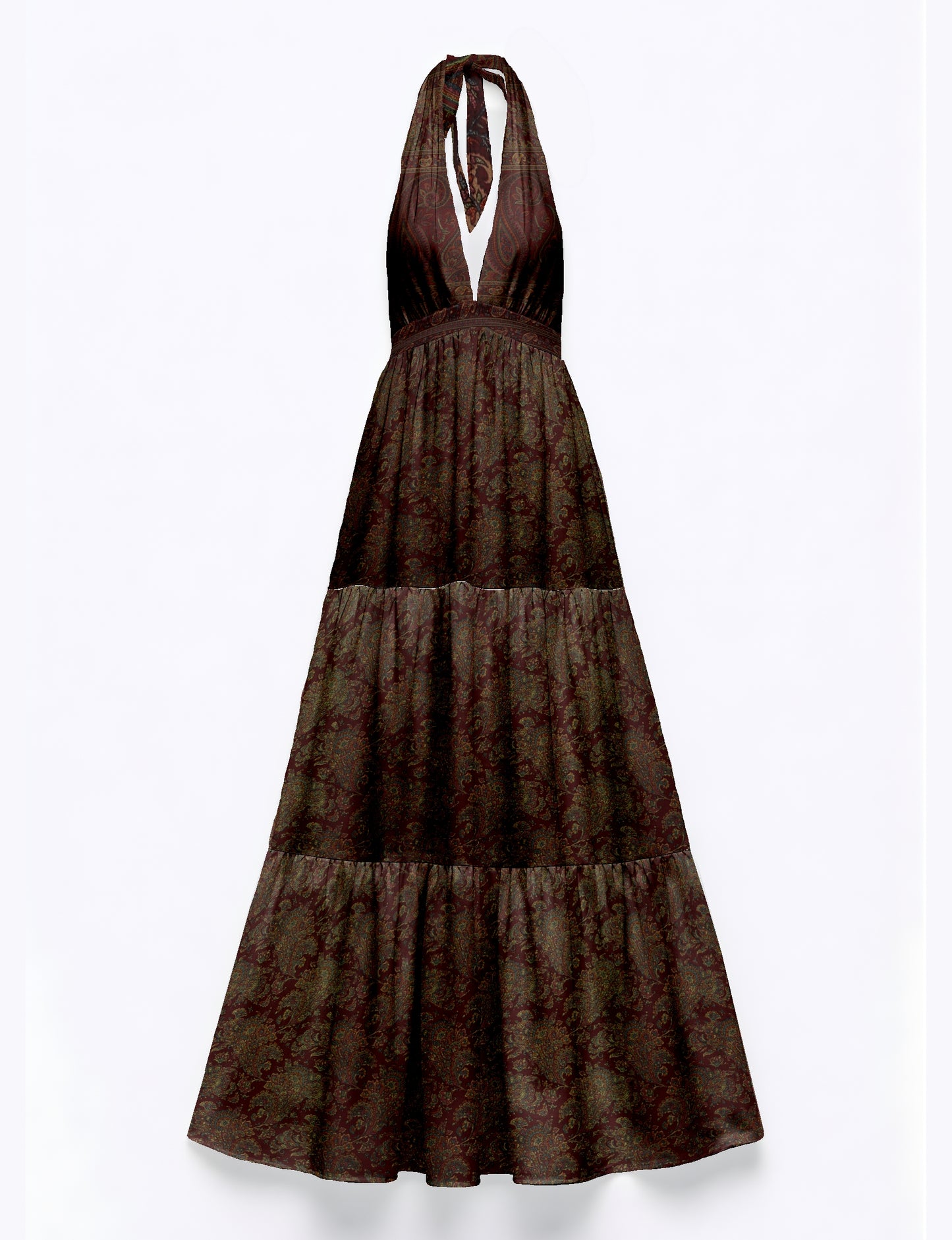Maxi tiered dress by I was a Sari with halter neckline and flowy silhouette