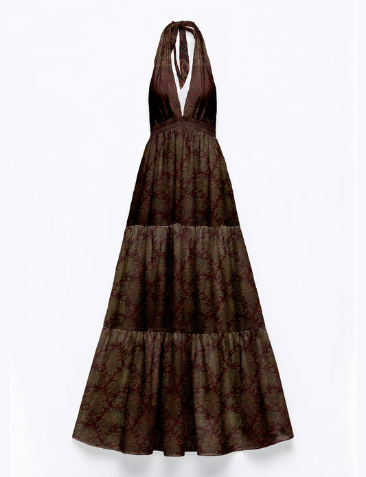 Maxi tiered dress by I was a Sari with halter neckline and flowy silhouette