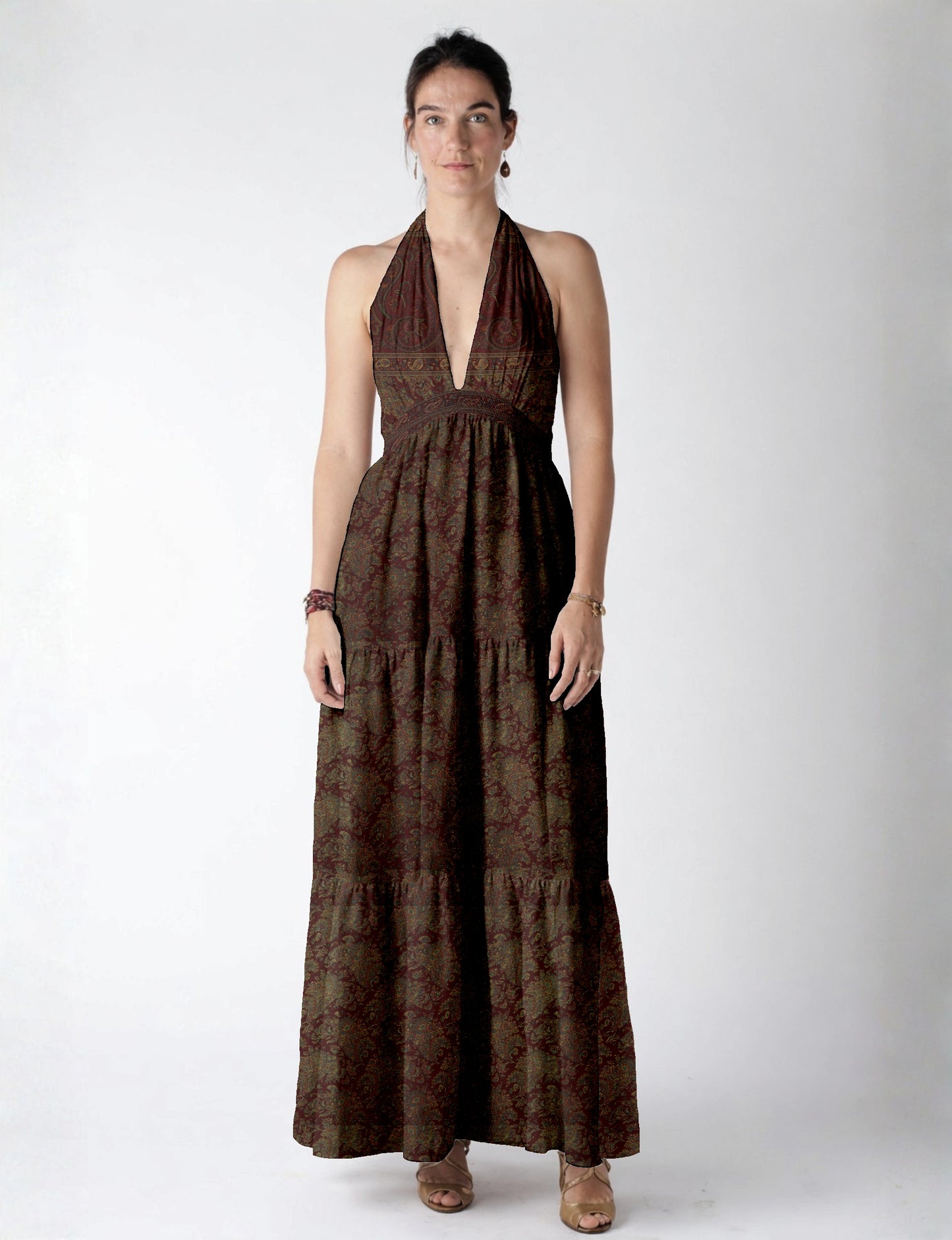 Elegant tiered maxi dress with adjustable tie neck design