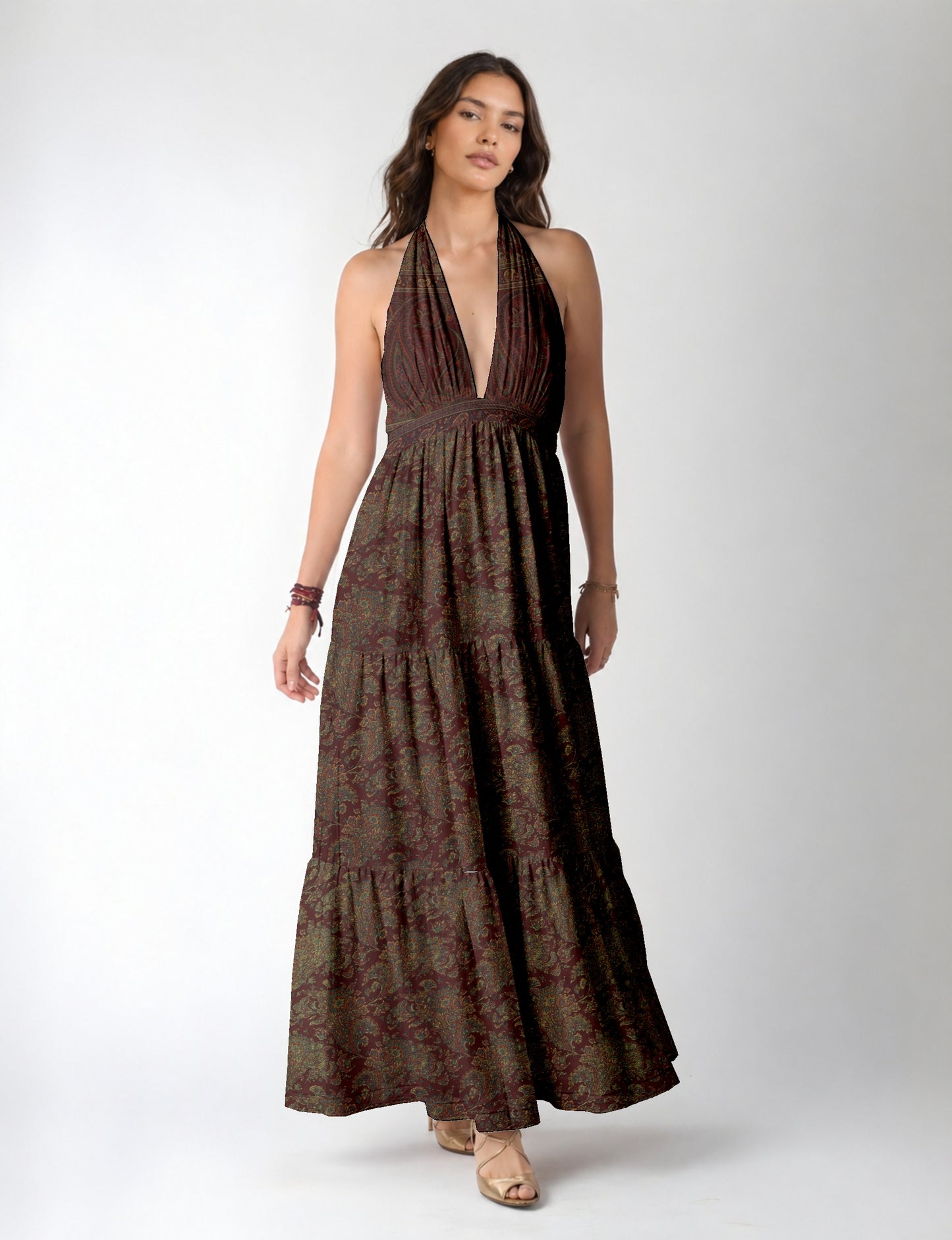 Maxi dress side view highlighting volume and movement
