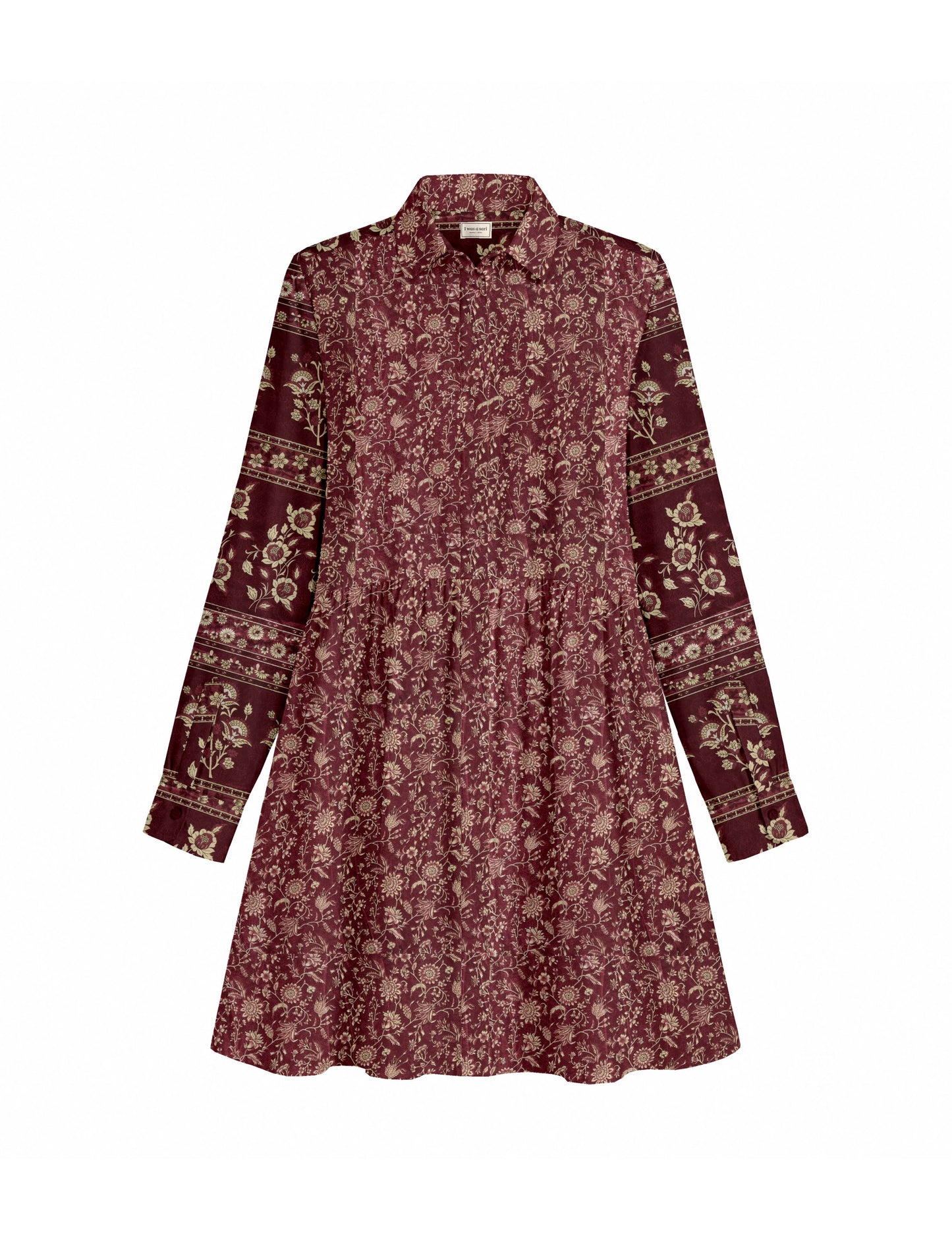 Short shirt dress with a relaxed A-line silhouette, point collar, partial button placket, gathered waist, side pockets, and full-length cuffed sleeves.