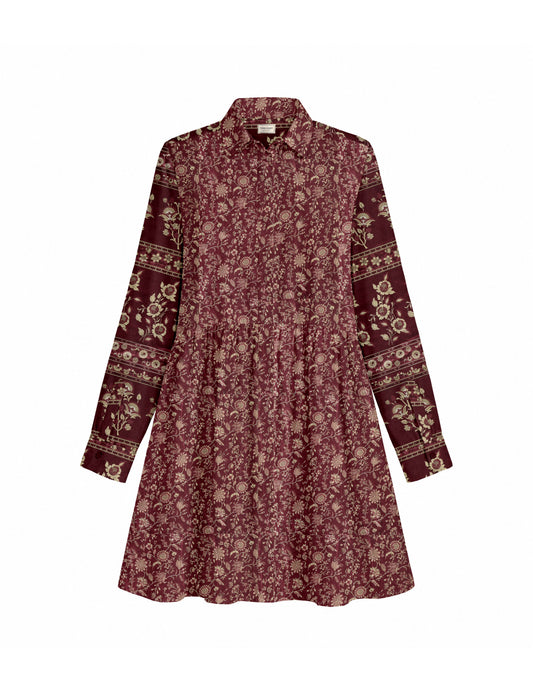 Short shirt dress with a relaxed A-line silhouette, point collar, partial button placket, gathered waist, side pockets, and full-length cuffed sleeves.