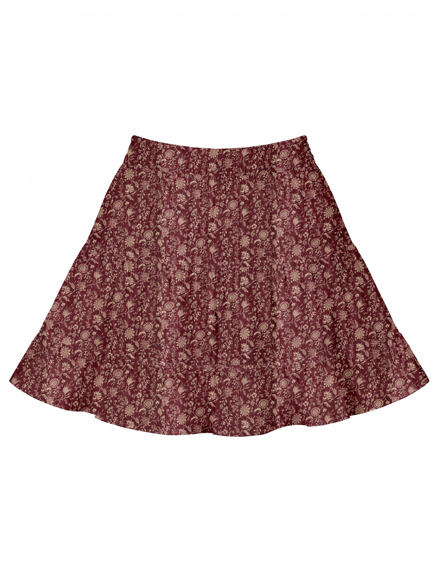Short tiered skirt with a fitted waistband, knife pleats, softly flared silhouette, side seam pockets, and above-the-knee length.