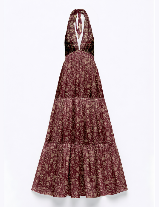 Maxi tiered dress by I was a Sari with halter neckline and flowy silhouette