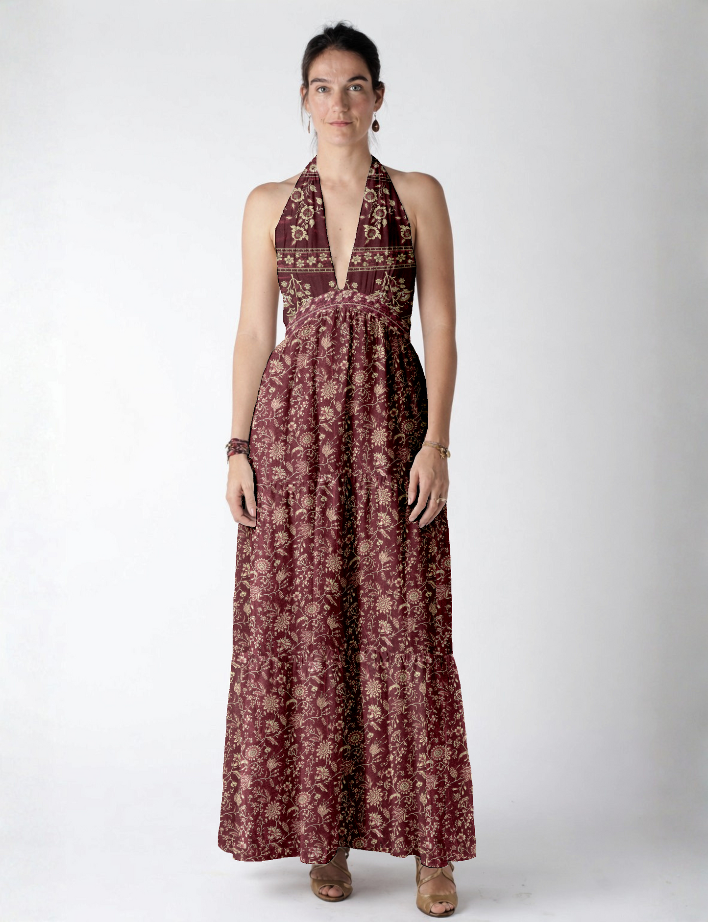 Halter neck maxi dress with tiered layers and elasticated back