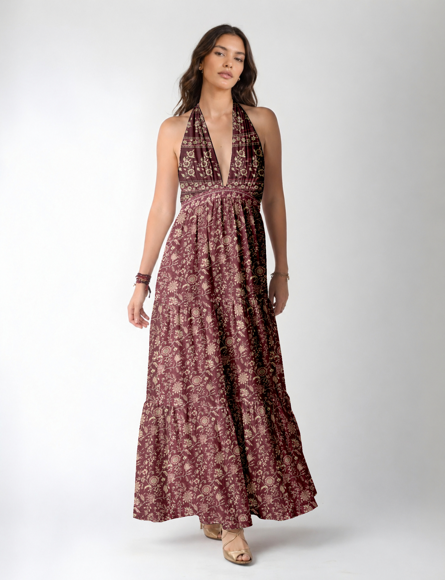 Halter neck maxi dress with tiered layers and elasticated back