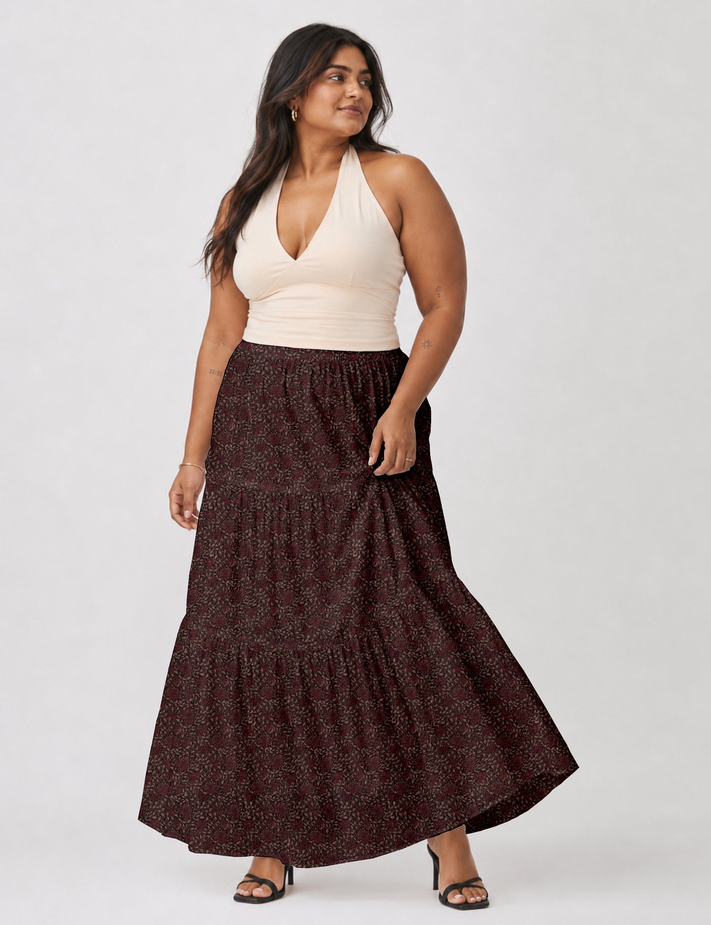Midi Tiered Skirt - Red Tropical