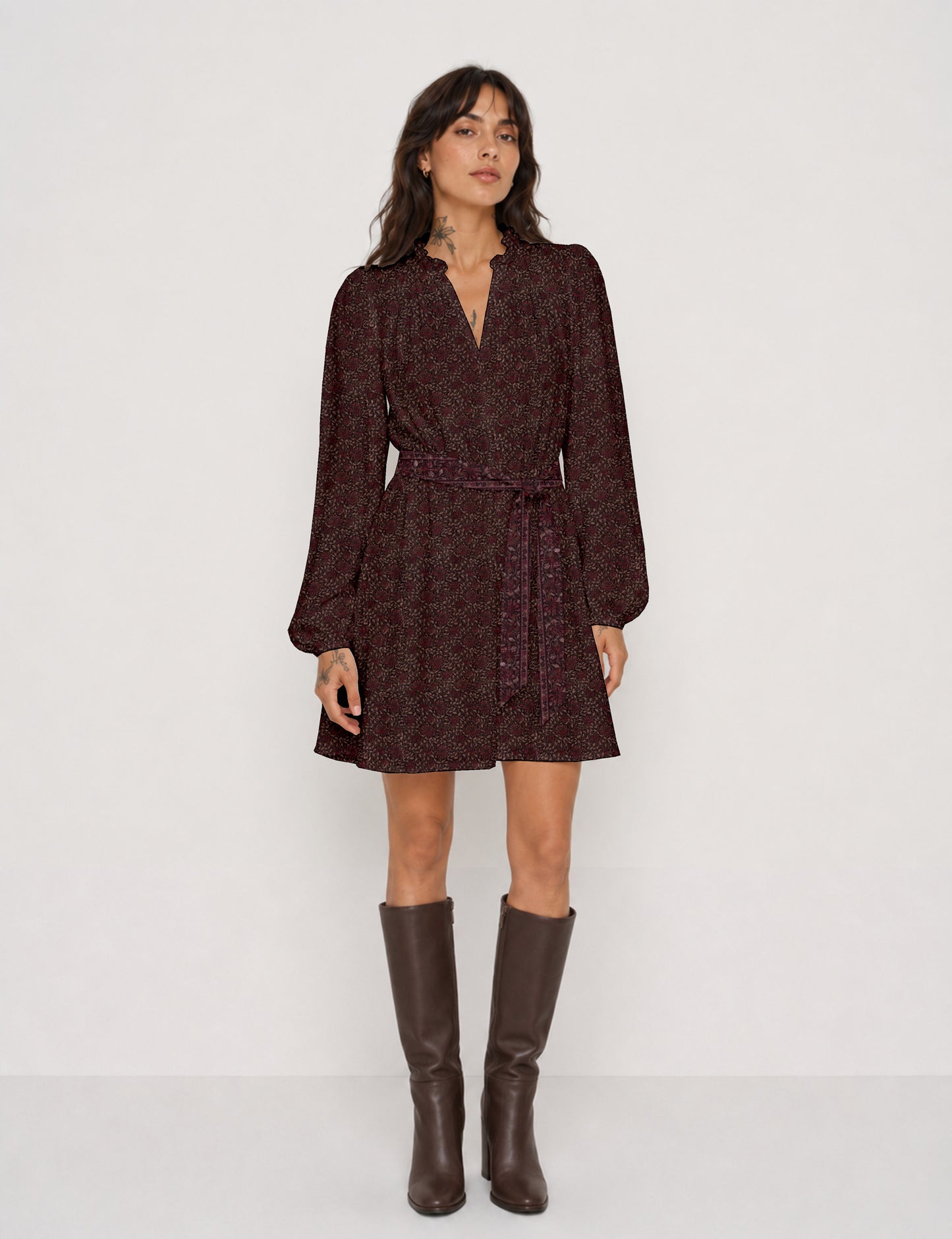 Swing dress with belt - Red Tropical