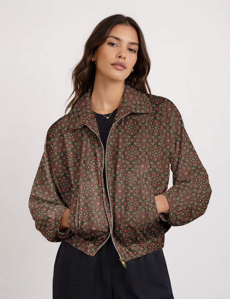 Woman wearing a yellow floral bomber jacket with front zipper, elastic cuffs, and side pockets, shown from front view