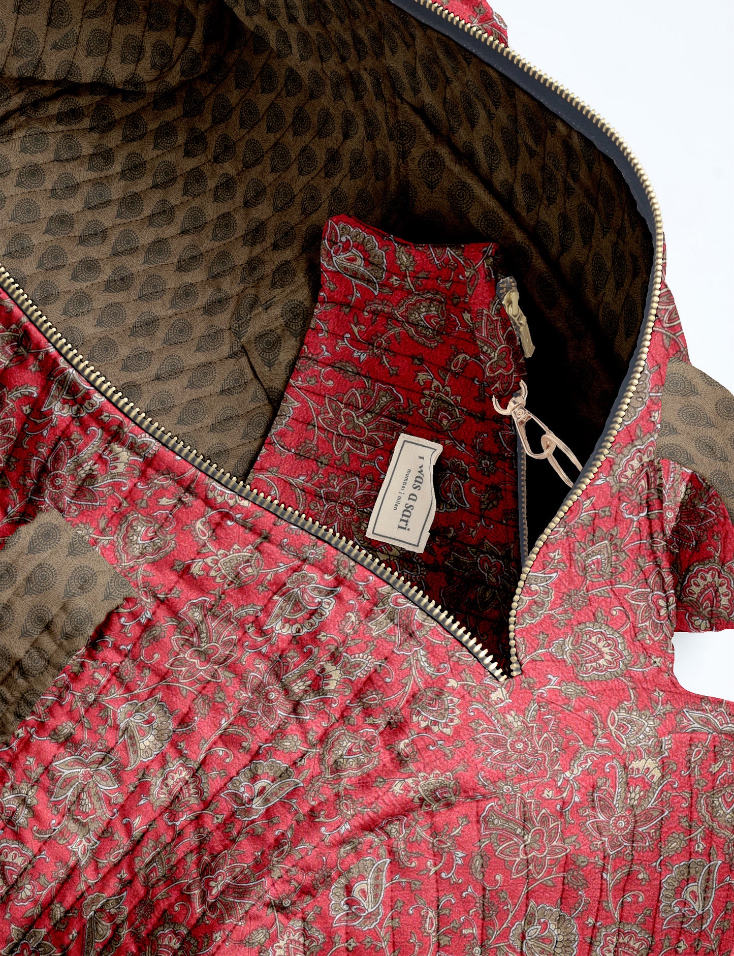 Brown paisley quilted bowling bag with dual handles, front zipper pocket, and "I was a sari" label on front side