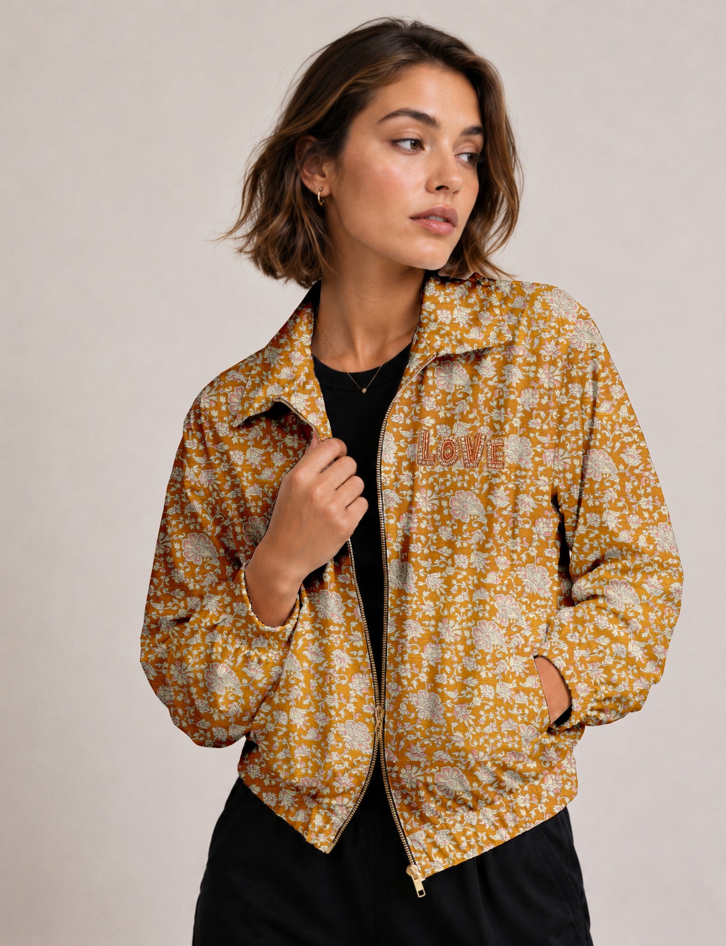 GOLD LOVE BOMBER JACKET - Orange Floral