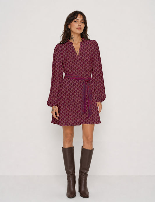 Swing dress with belt - Pink Leaves